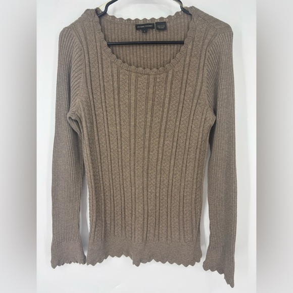 NWOT Jeanne Pierre 100% Cotton Scallop Trim Knit Sweater Beige Brown Large - Picture 1 of 3